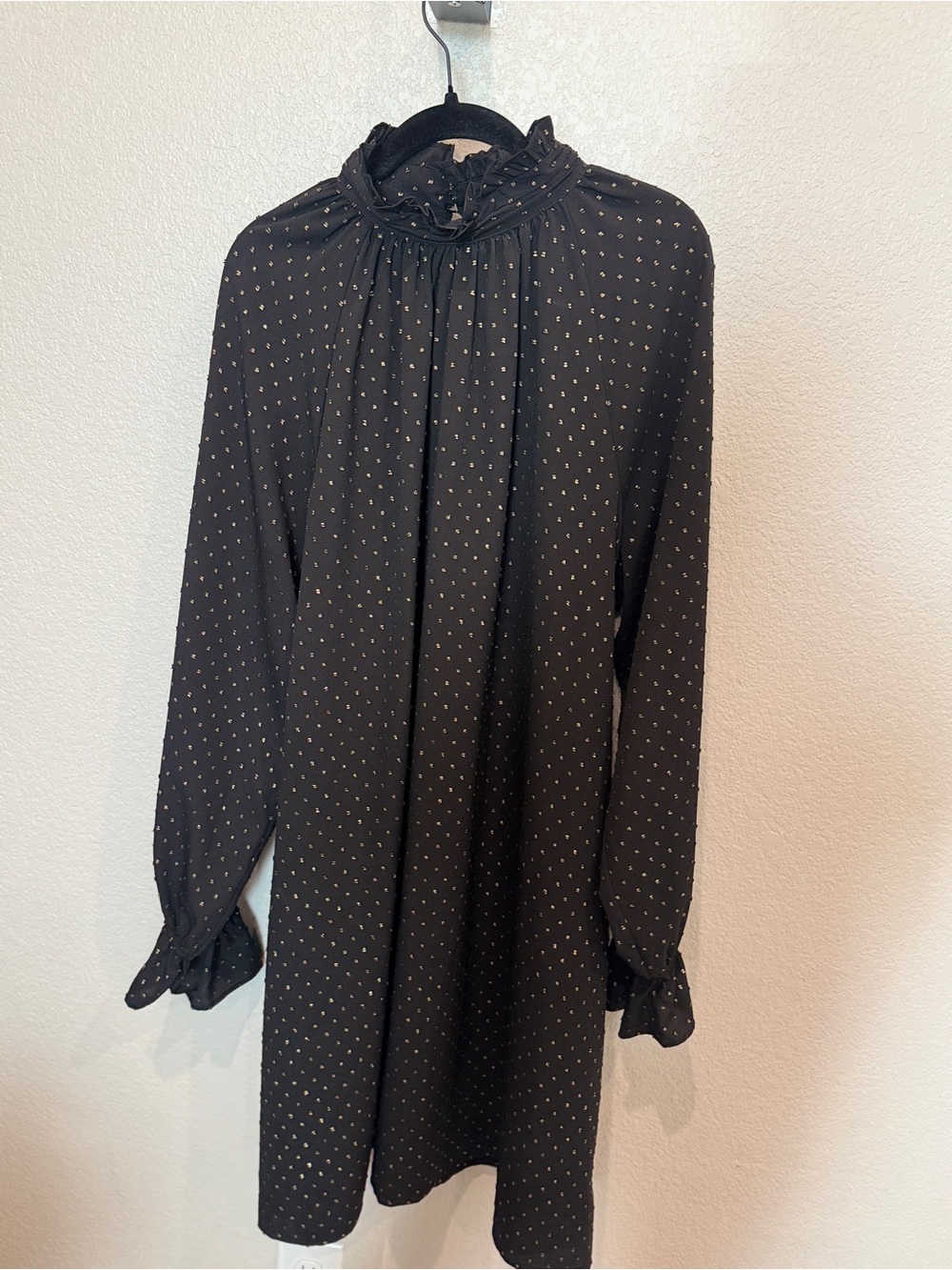 Black Long-Sleeve Ruffle-Neck Polka Dot Dress